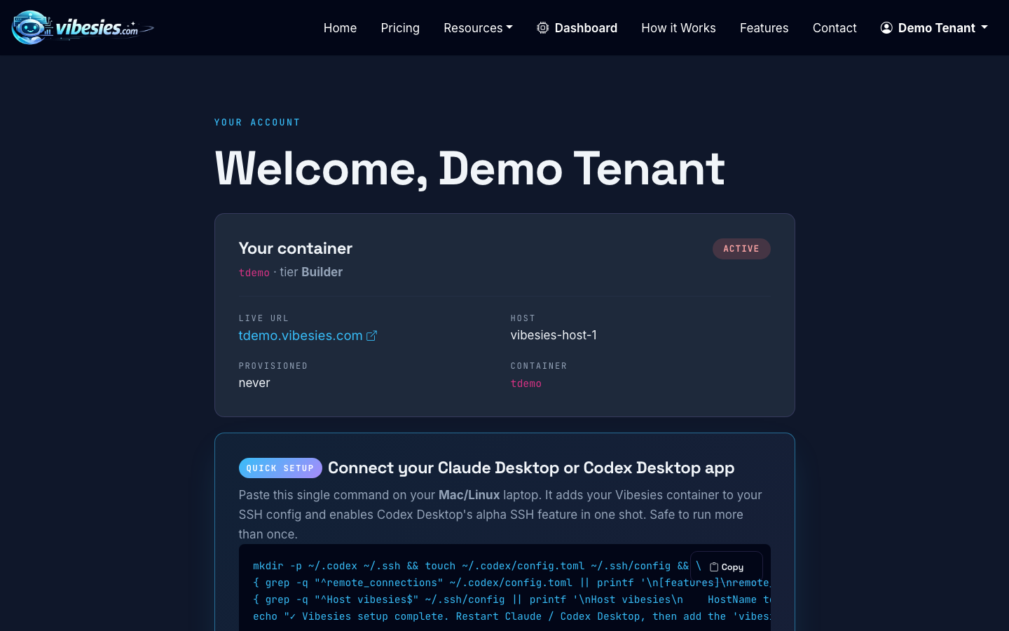Use the tenant dashboard to check container status, domains, backups, and install requests.