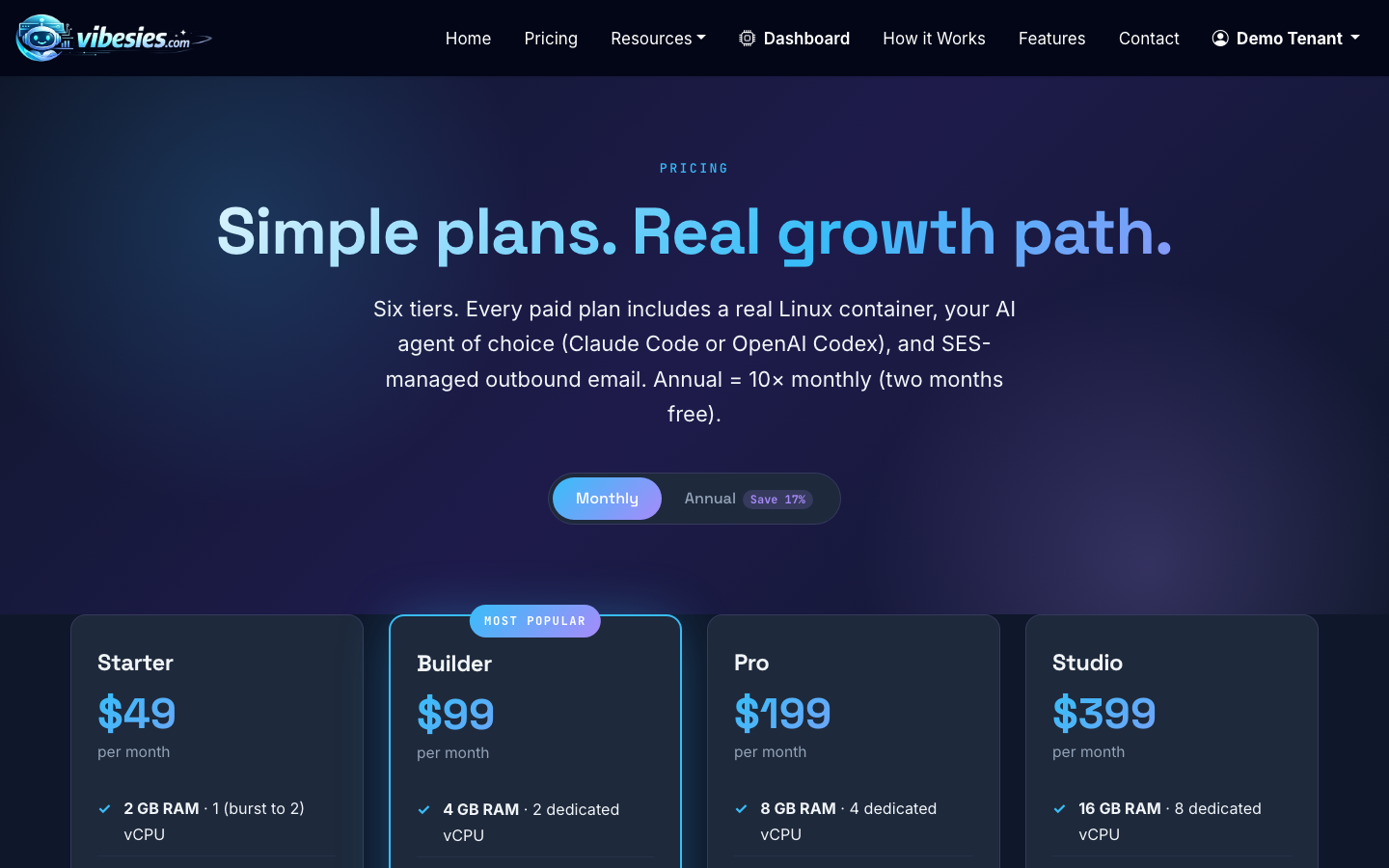 Choose a Vibesies tier based on your project size and hosting needs.